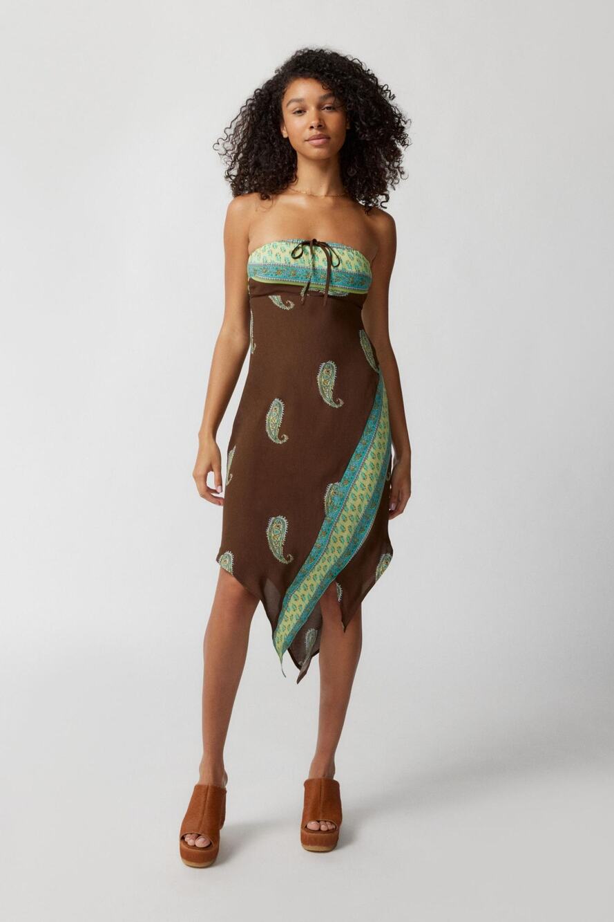 Urban Outfitters Ecote Pacy Paisley Strapless Midi Dress Brown XL